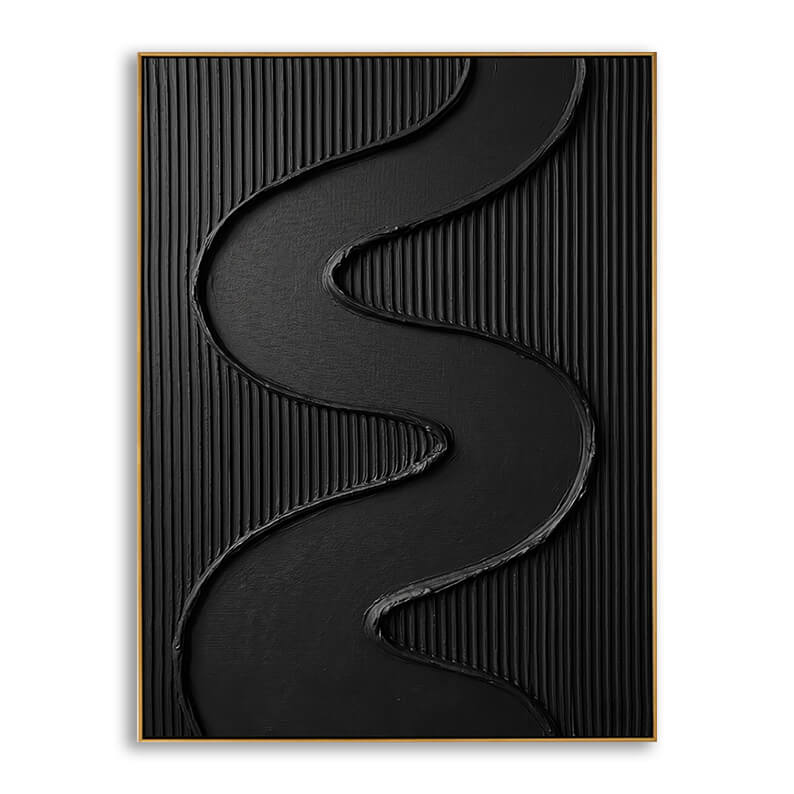 A vertical, minimalist 3D textured abstract painting in matte black, framed in a thin, elegant gold metallic border. The painting's background features a tight, uniform pattern of raised vertical ridges. A wide, smooth, winding path in a vertical S-curve sweeps across the center. The edges of this path are thick, raised, and highly textured with rough, hand-sculpted paint application, creating deep shadows and dimension.