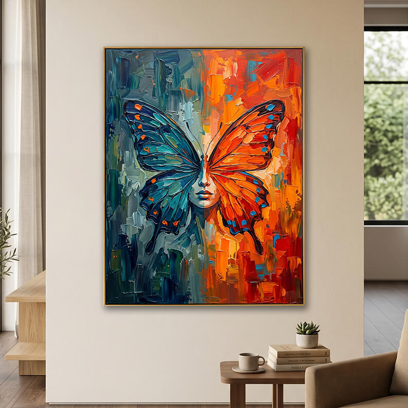 Teal and orange abstract butterfly painting displayed on a neutral wall next to a cozy reading armchair and coffee table.