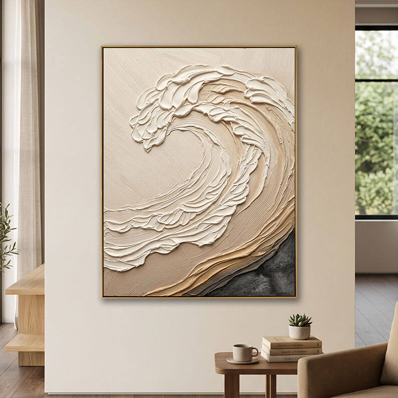 Modern 3D textured beige canvas wall art featured in a calm, minimalist reading nook.