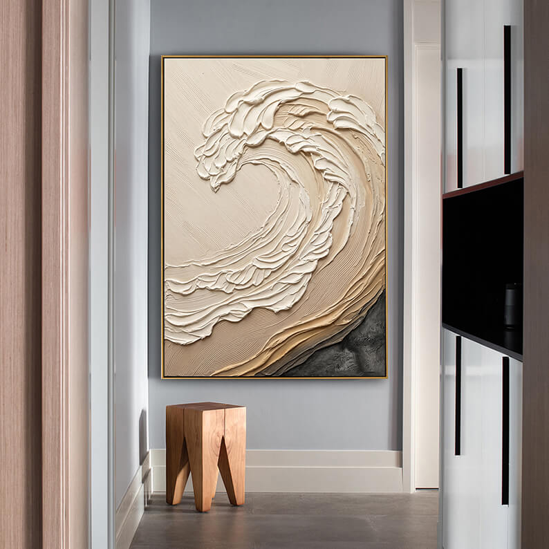 Contemporary heavy texture acrylic painting leaning into a modern minimalist hallway aesthetic with a wooden stool.