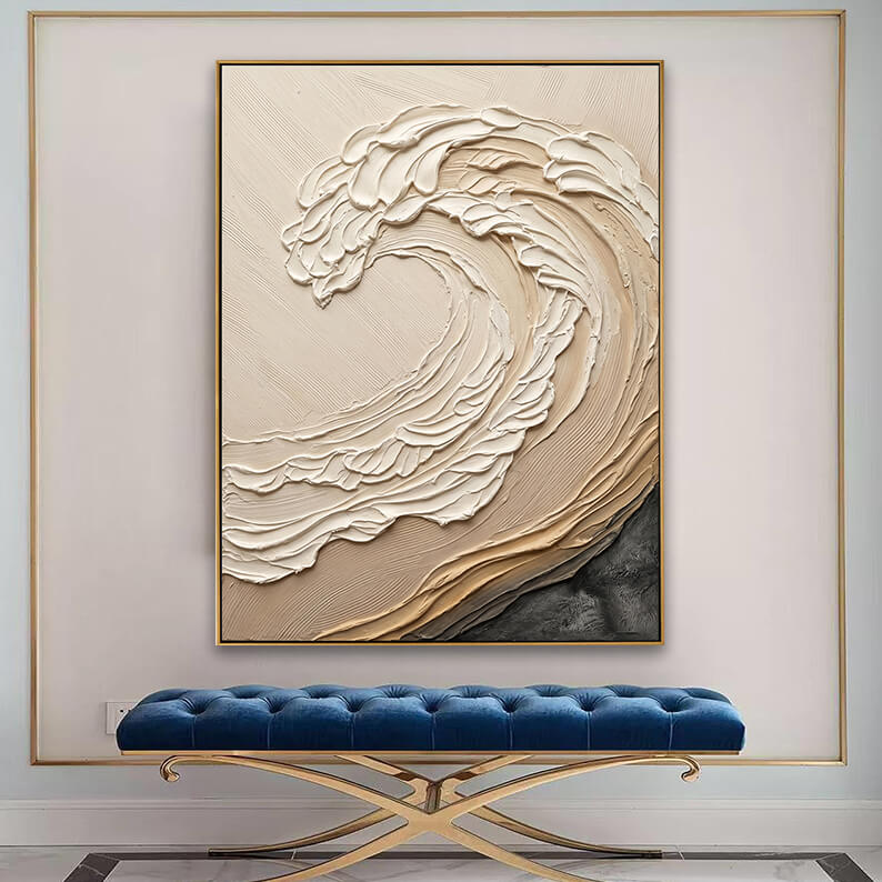 Luxury large abstract canvas art piece hanging above a blue velvet bench in a sophisticated entryway design.