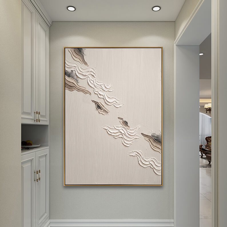 Sophisticated modern hand-painted wall decor in a luxury hallway featuring elegant white wainscoting and built-in cabinets.