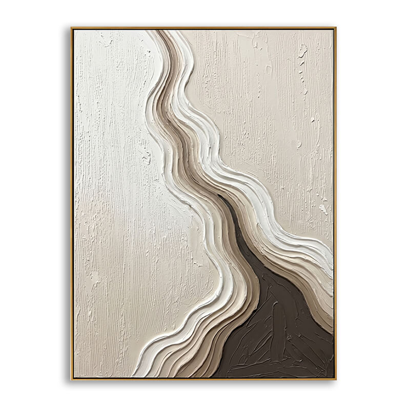 Close-up of Earthly Currents hand-painted abstract painting showing heavy beige and deep brown impasto texture with fluid minimalist lines.