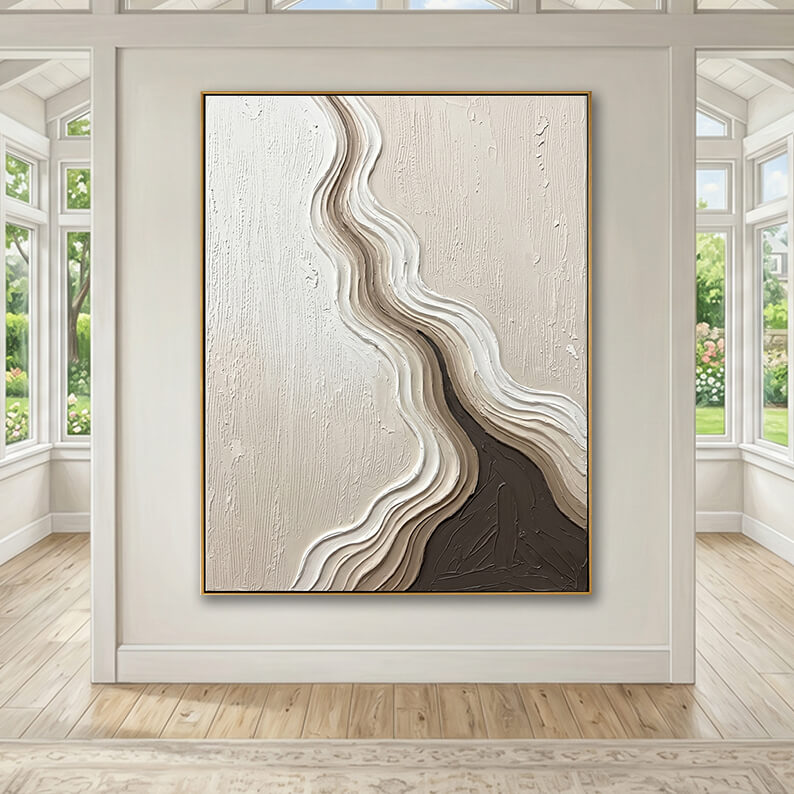 Large neutral textured abstract canvas art hanging in a bright, elegant sunroom with large windows and white trim.