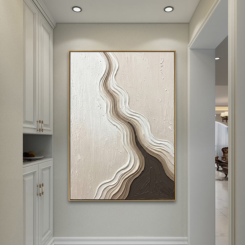Elegant hand-painted impasto abstract painting on canvas styled in a sophisticated, classic hallway with white custom cabinetry.