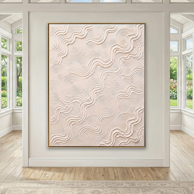 Large 3D white ripple canvas wall art presented in a bright, airy sunroom hallway with large aesthetic windows.