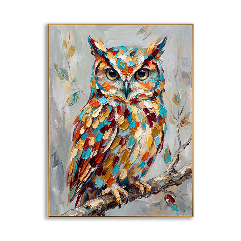 Hand-painted colorful owl painting with vibrant teal and orange textures on a neutral background.