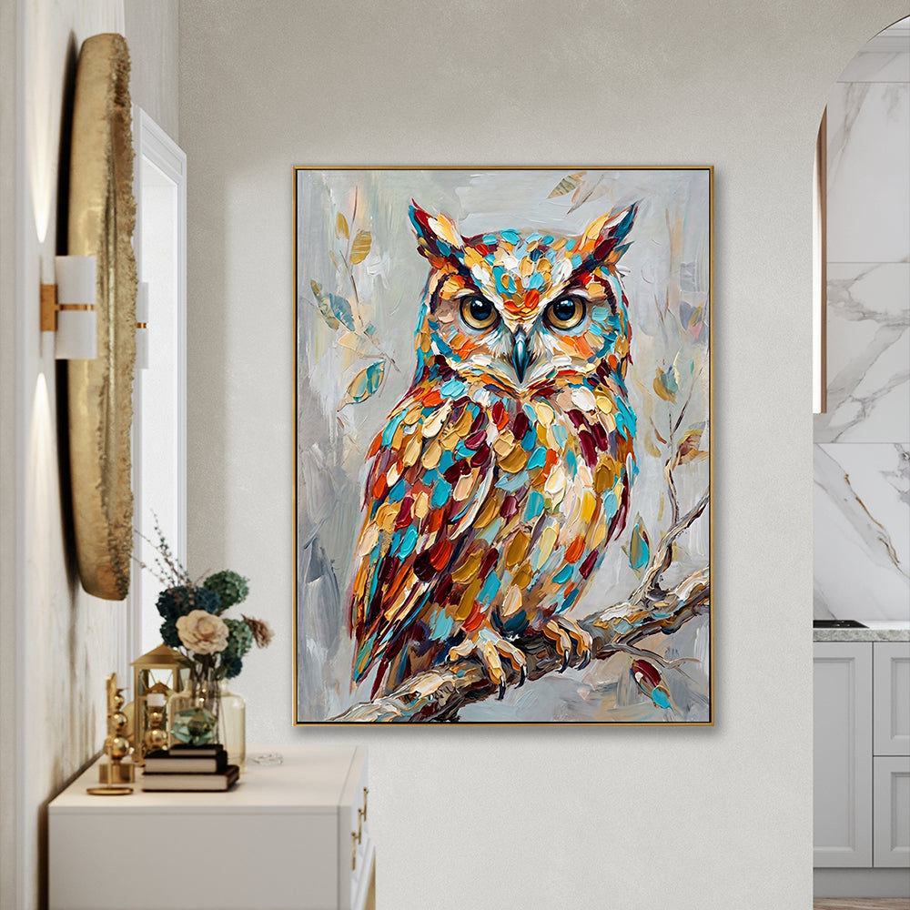 Modern hallway featuring a large hand-painted owl canvas above a white console table.