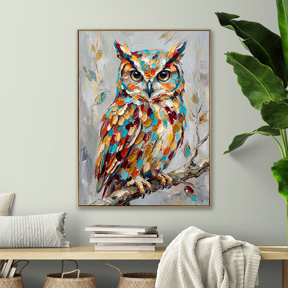 Vibrant bird wall art displayed above a wooden bench with indoor plants and natural decor.