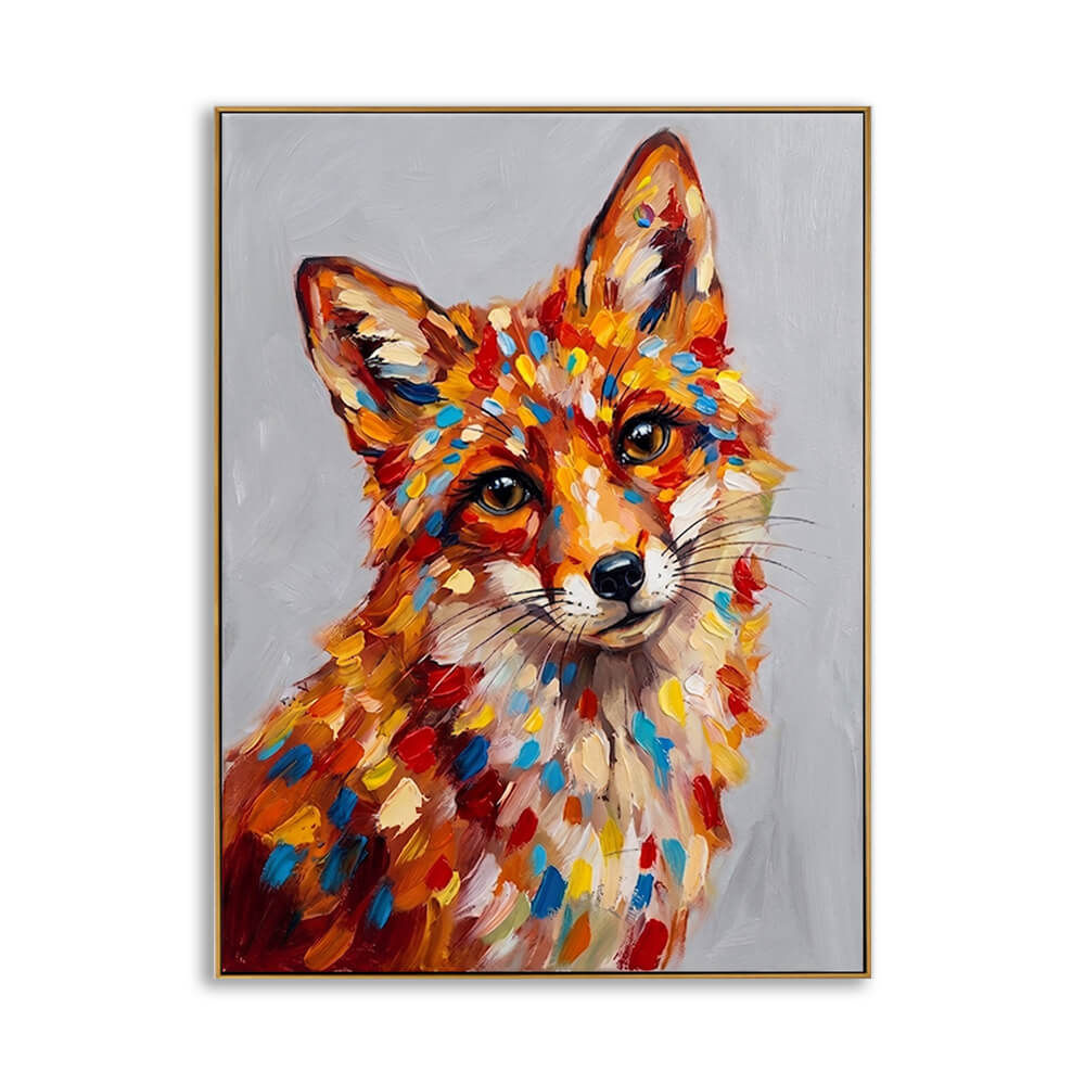 A standalone framed impasto oil painting of a curious fox. The artwork features a highly textured, vibrant palette-knife painting style with bold strokes of orange, yellow, blue, red, and white against a neutral grey background, finished with a thin gold metallic frame.
