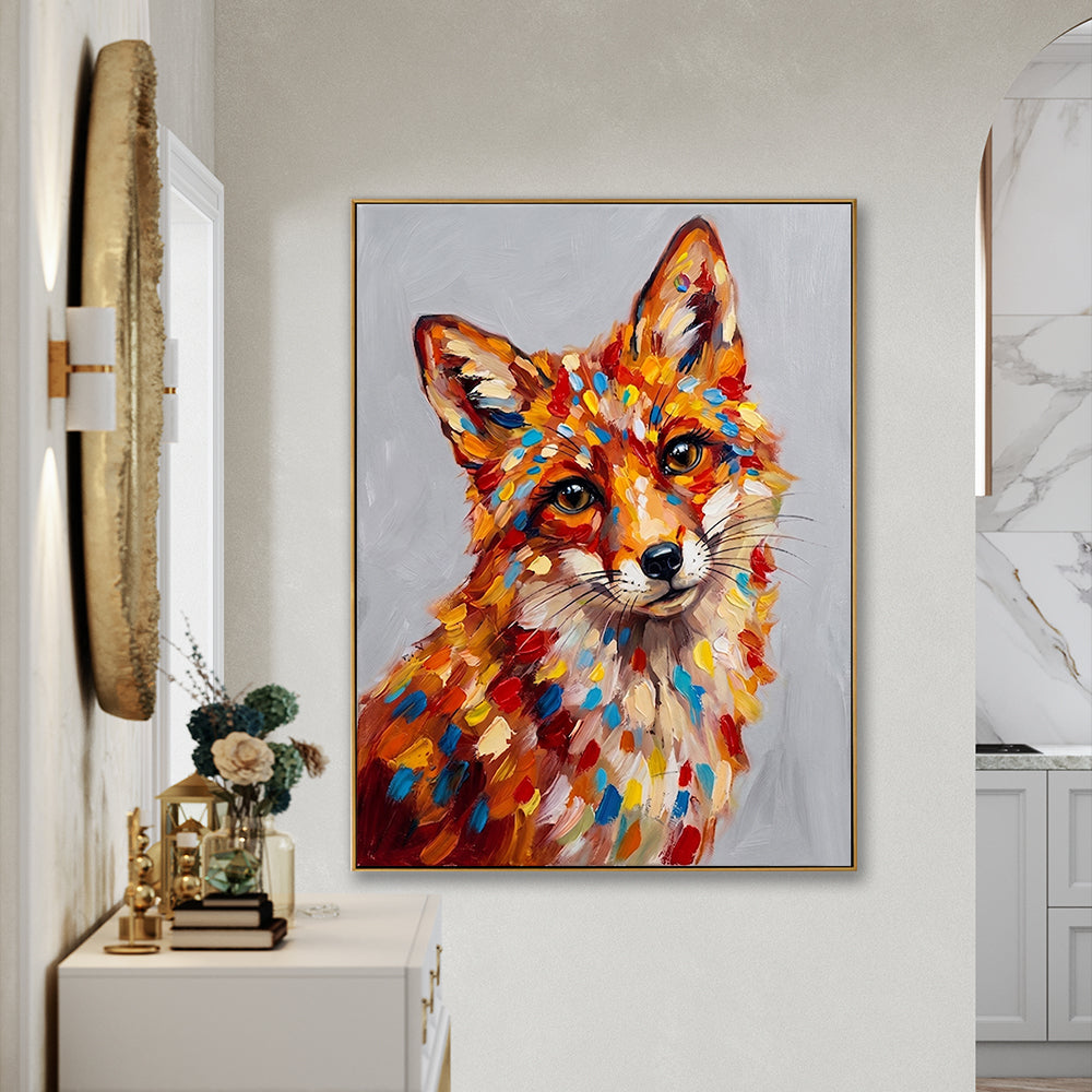 Colorful fox canvas art displayed in a bright modern kitchen and dining area.