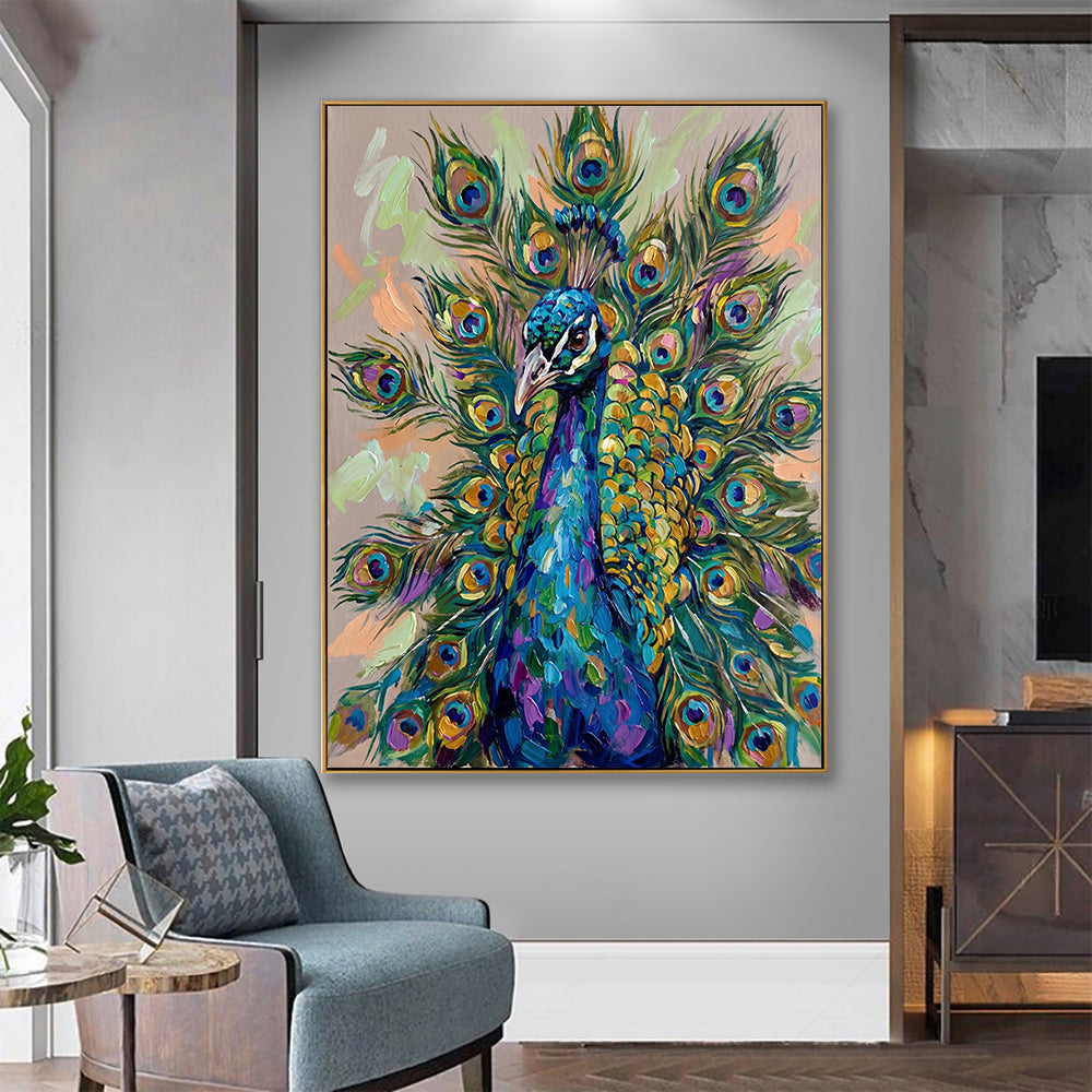 Large hand-painted peacock artwork hanging in a contemporary living room next to a blue armchair.