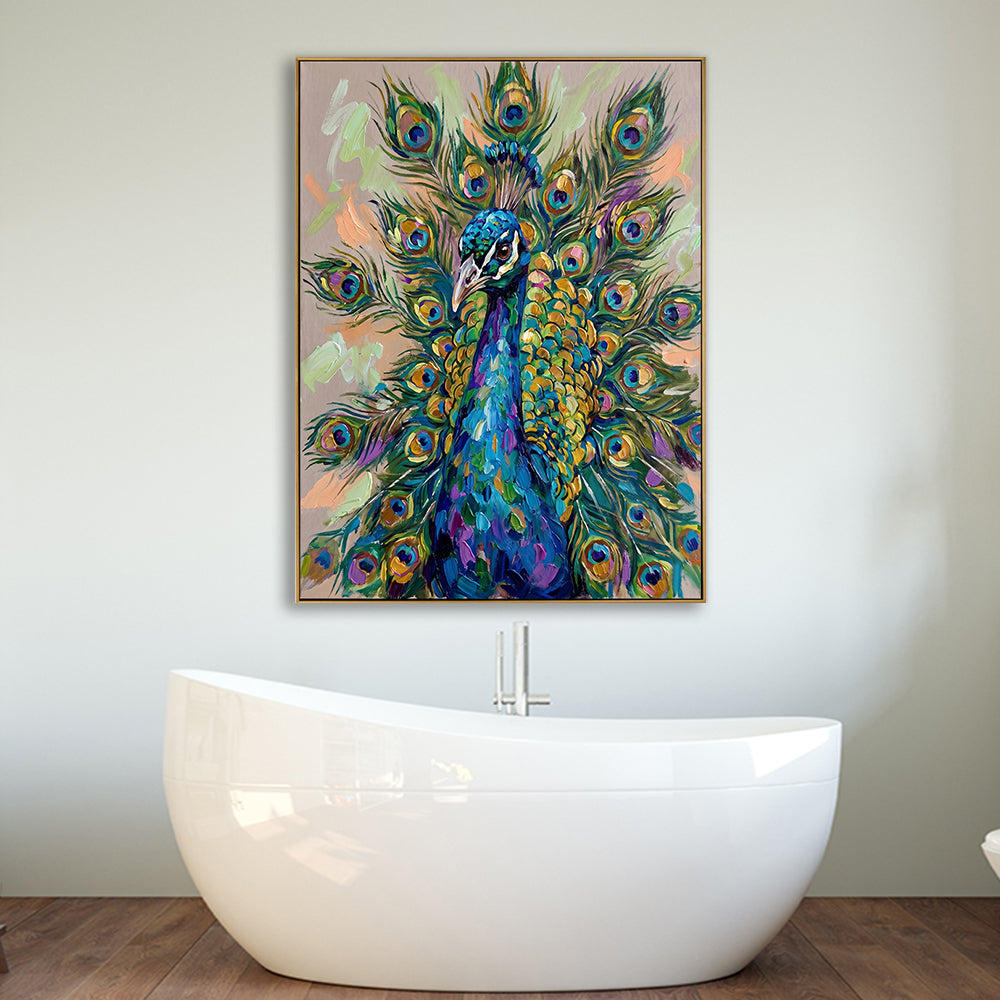 Colorful peacock canvas painting used as a statement piece in a minimalist white bathroom.