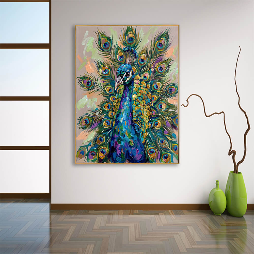 The framed peacock painting hangs on a pristine white wall in a spacious, contemporary home foyer. The floor is polished wood parquet laid out in a classic herringbone pattern. To the right of the painting, two glossy lime green decorative ceramic floor vases of differing heights hold a stylized dry brown branch. On the far left, a large multi-paned window lets in bright, natural daylight.