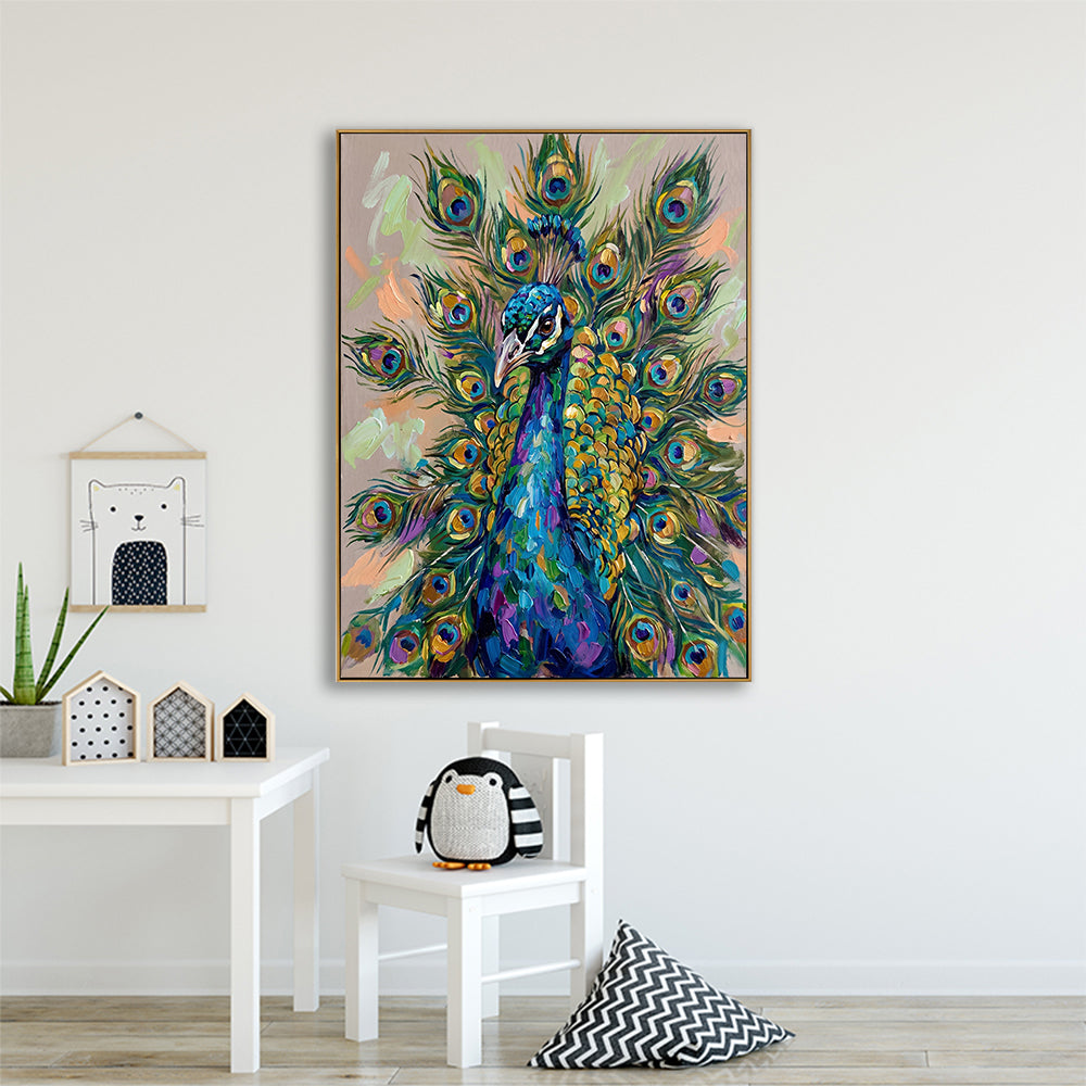 Whimsical peacock painting displayed in a modern, clean nursery or children's playroom.