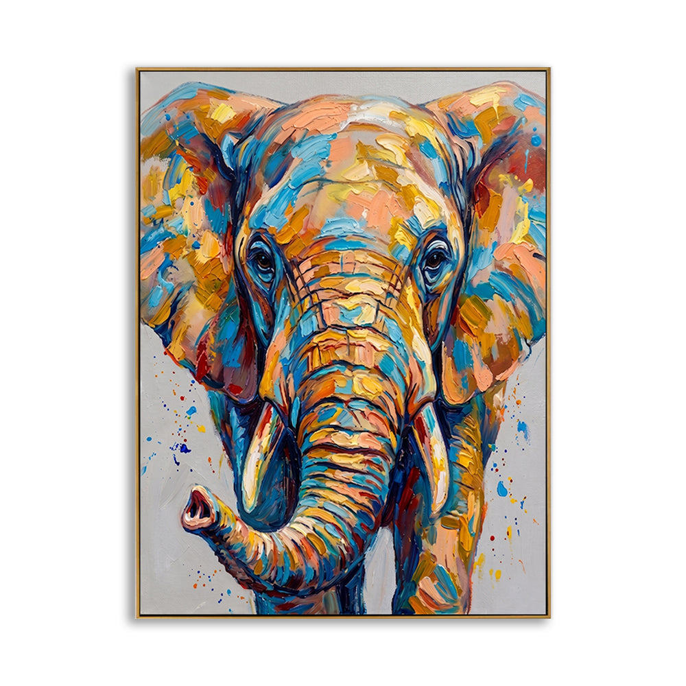 High-quality hand-painted elephant abstract painting with vibrant blue and orange strokes on a neutral background.