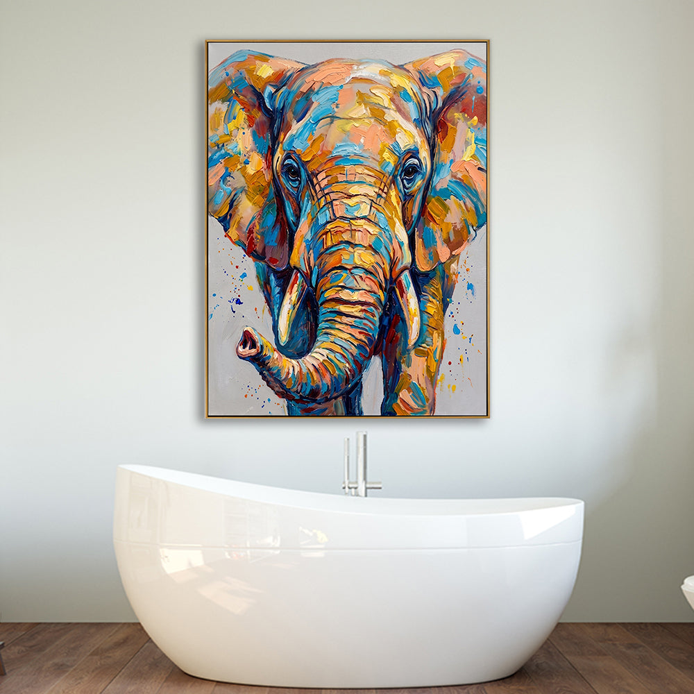 Abstract hand-painted elephant canvas artwork displayed in a modern bathroom setting above a white bathtub.