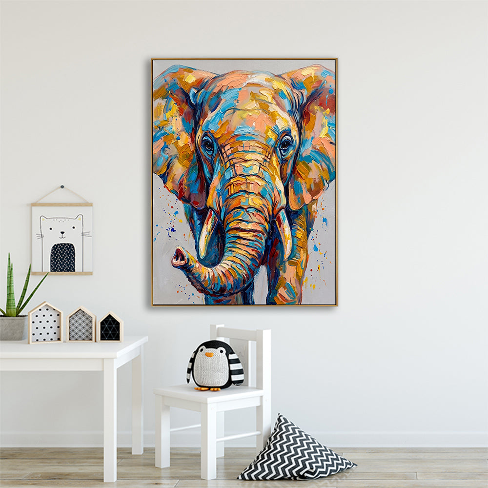 Playful and vibrant hand-painted elephant art showcased in a bright children’s nursery or modern playroom.