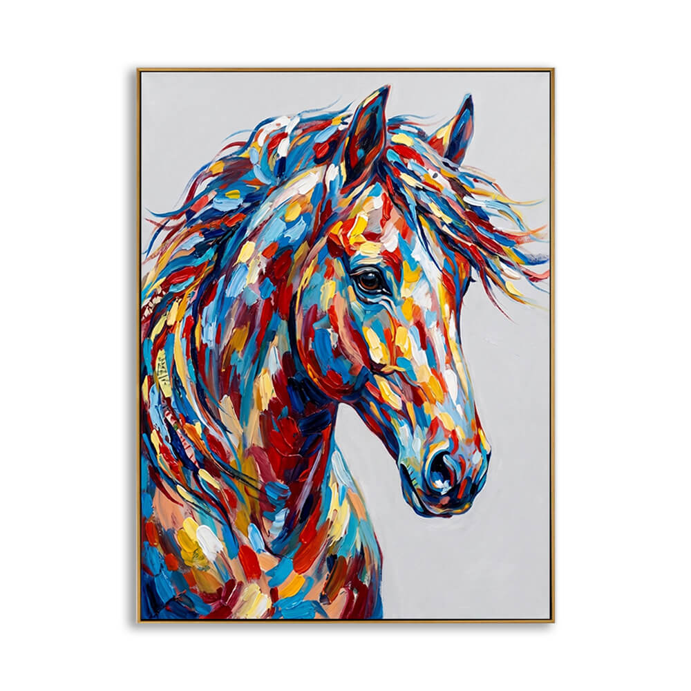 A close-up view of a rectangular canvas print featuring an expressive, impasto-style portrait of a horse's head in profile. The horse’s coat and mane are composed of thick, energetic strokes of bright primary and secondary colors, including deep blue, bright red, sunny yellow, and white. The artwork is bordered by a thin, elegant gold frame.