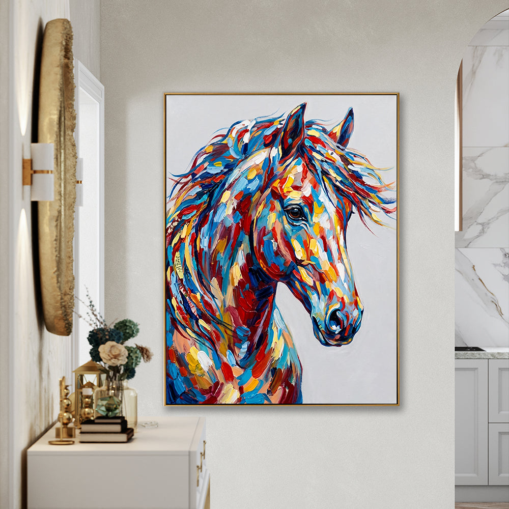 Modern horse wall art displayed in a stylish contemporary living room setting.