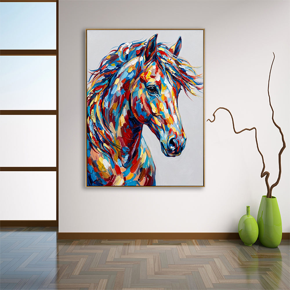 Artistic horse portrait hanging in a bright hallway with minimalist decorative vases.