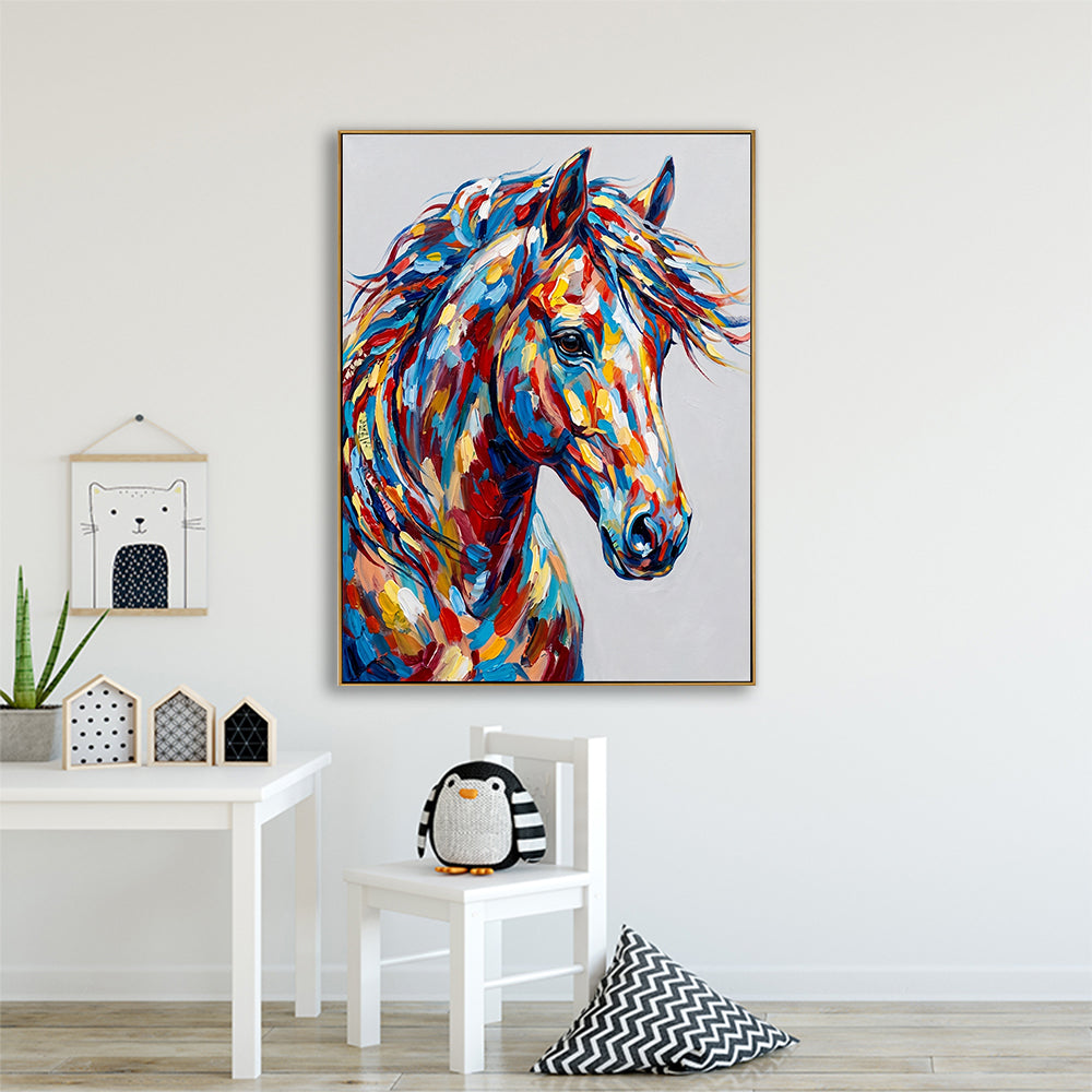 Abstract horse head artwork shown in a clean, modern nursery or playroom environment.