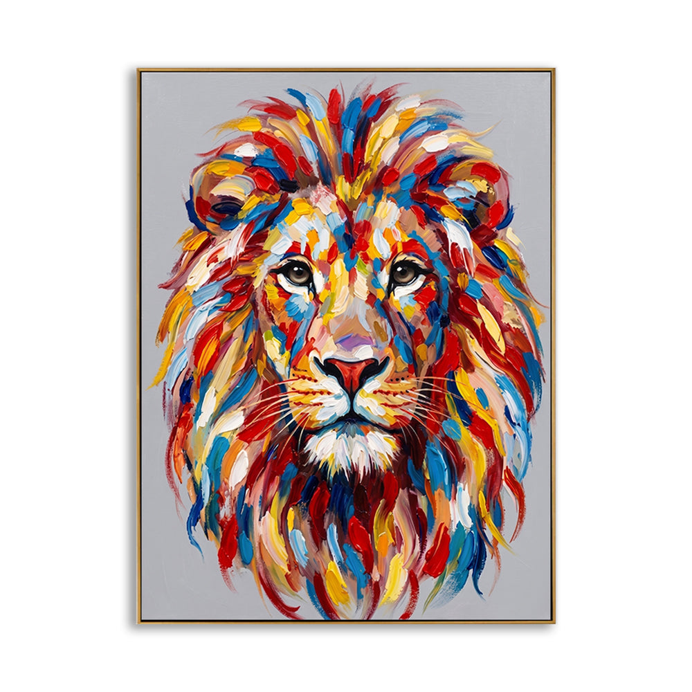 Front-facing view of a hand-painted colorful lion portrait with vibrant blue, red, and yellow textured strokes on a grey background.