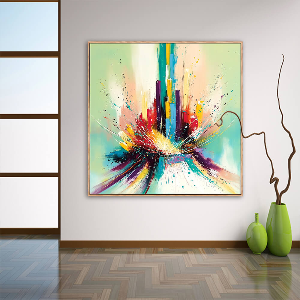 Vibrant abstract cityscape canvas wall art hung in minimalist entryway with herringbone wood flooring, glossy green vases and twisted dry branch decor