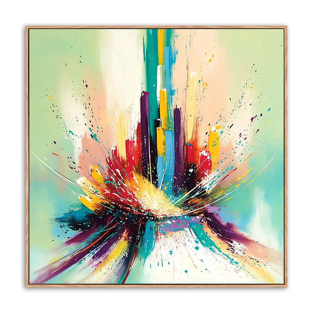 Hand-painted abstract cityscape canvas, colorful skyscraper skyline with explosive paint splatter and flowing streaks, mint green background, red yellow teal purple buildings, light wood floating frame, isolated white background