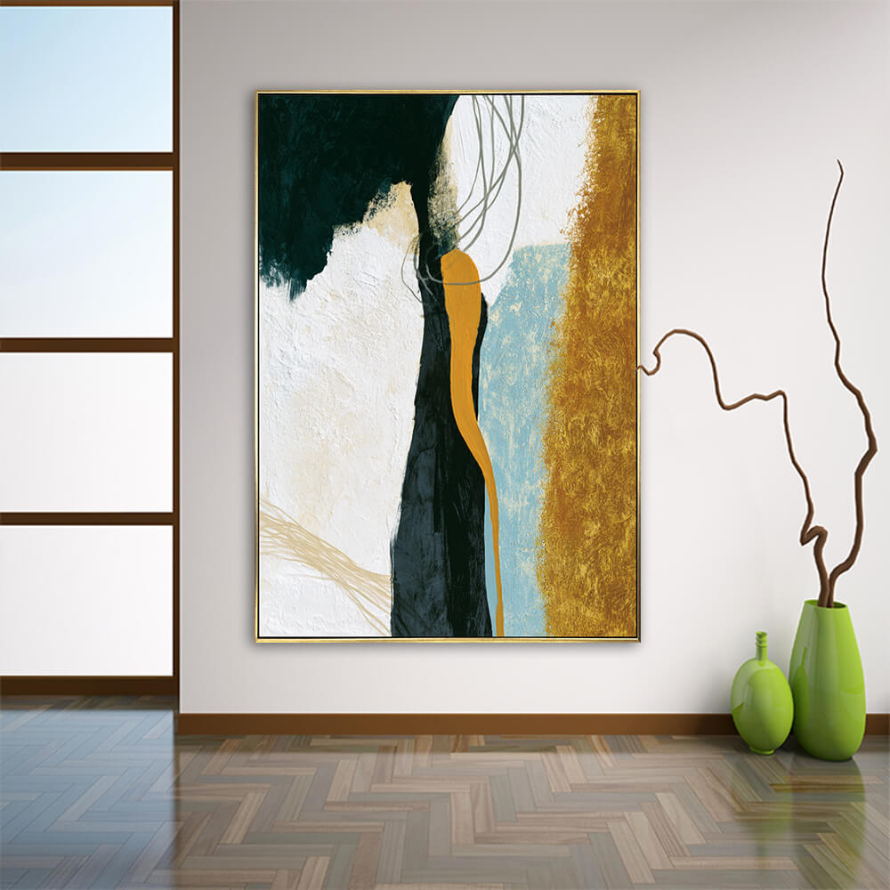 Modern entryway interior, gold framed vertical amber silhouette abstract canvas, soft textured bold wall decor