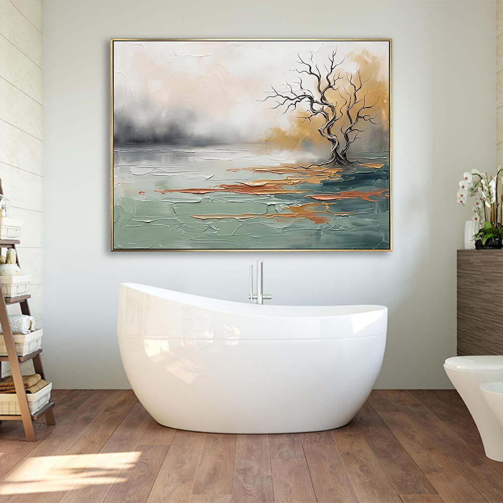 Hand-painted sage green landscape canvas wall art hung above a freestanding bathtub in a modern bathroom with wood flooring
