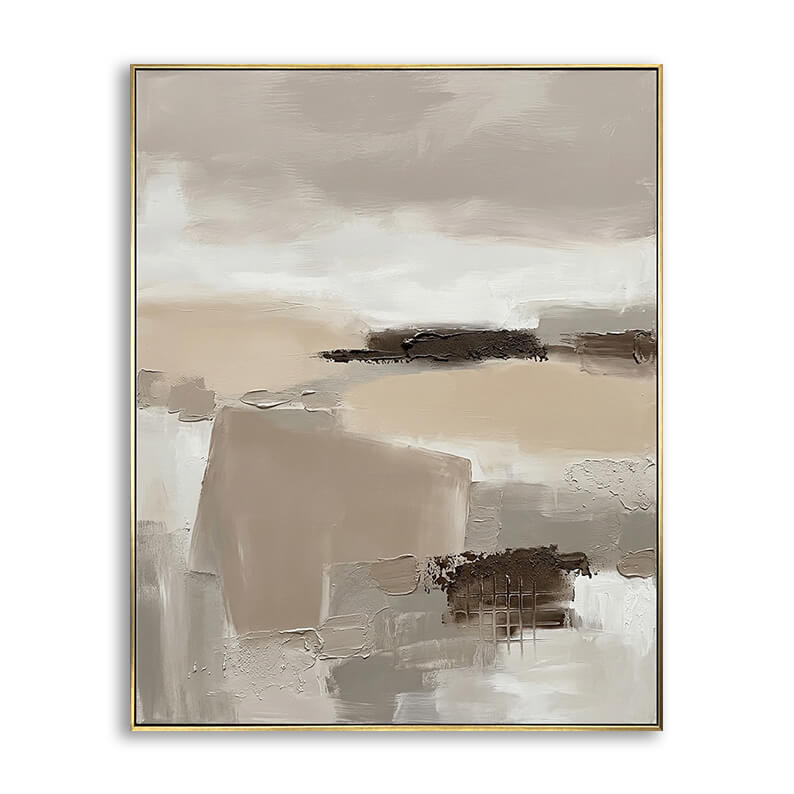 Hand-painted abstract landscape canvas art featuring geometric blocks and heavy 3D palette knife textures in neutral beige grey and dark brown.