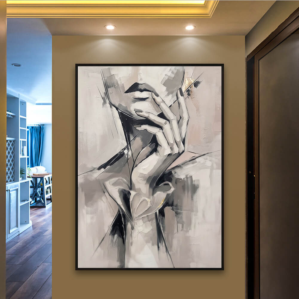 Hallway presentation view of Silent Grace hand painted painting mounted near a modern warm entryway corridor with architectural lighting.