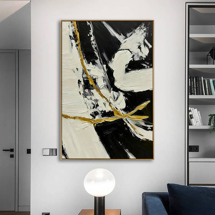 Hand Painted Abstract Black, White & Gold Decorative Wall Art #YX365