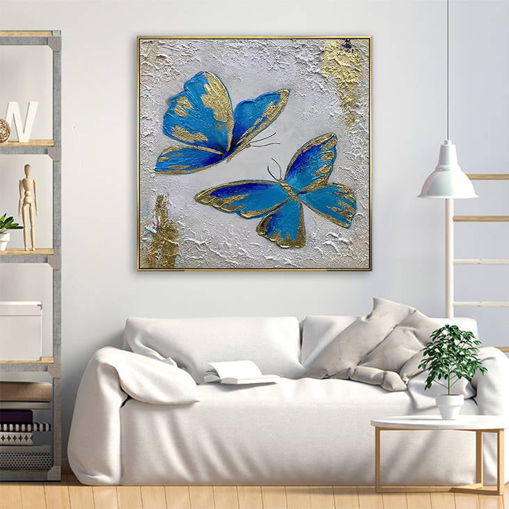 Hand Painted Blue & Gold Butterfly Textured Canvas Wall Art #YX293