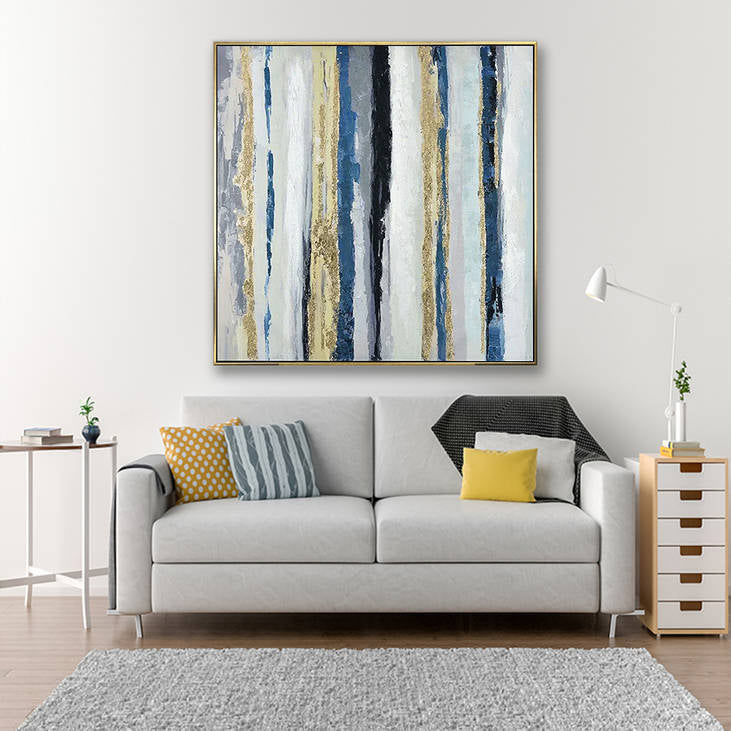 Hand Painted Abstract Blue Gold Striped Canvas Wall Art #YX301