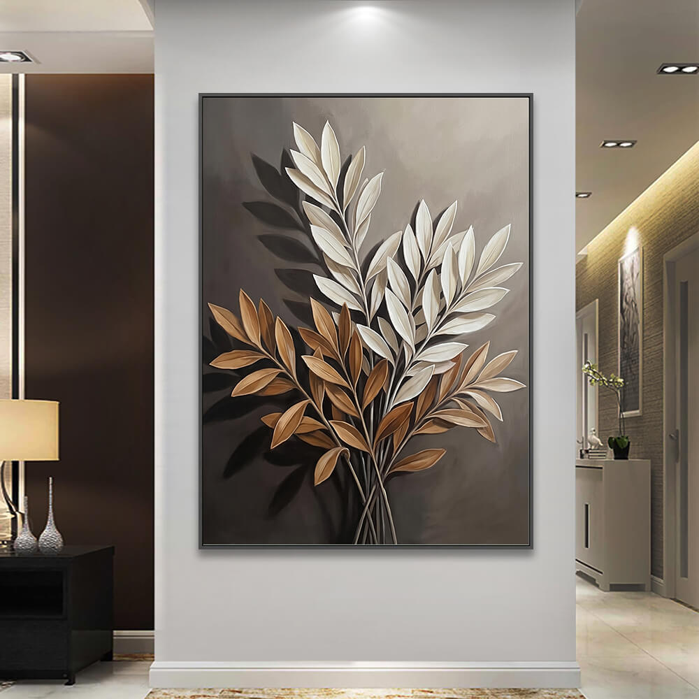 Large botanical foliage painting showcased in a luxury contemporary home interior with soft ambient lighting.