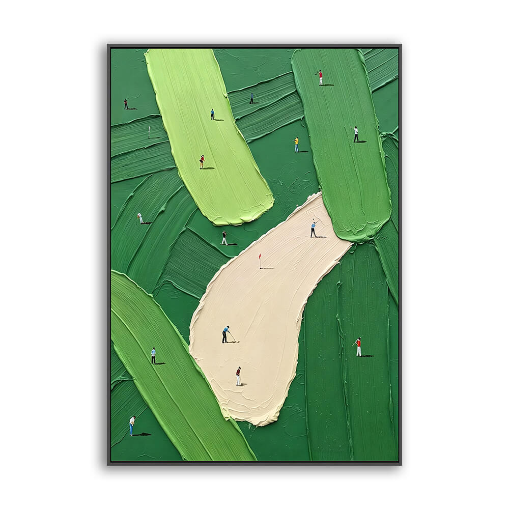 Vertical hand painted landscape canvas, overhead view of golf course with fairways, sand bunkers and golfers, soft layered brushwork, varied green palette