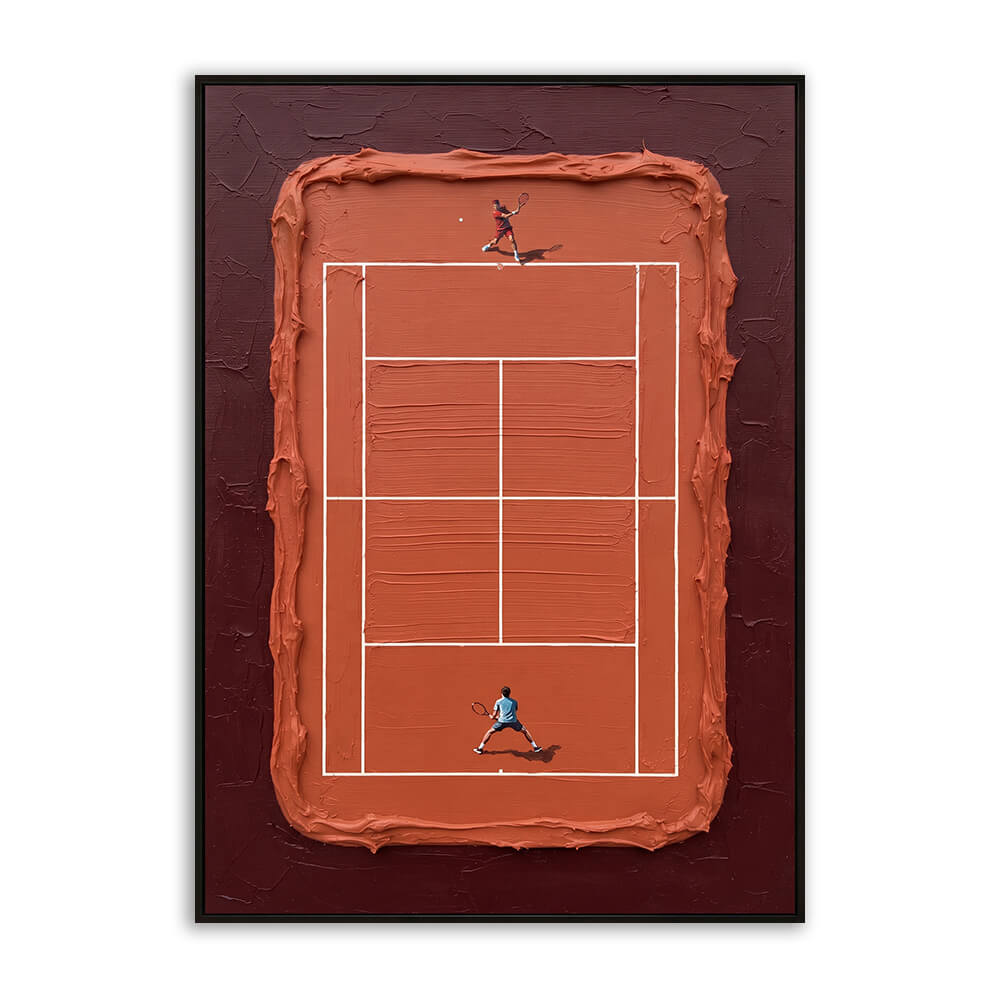 Studio front view of Top Spin Rally aerial view tennis court painting wall art featuring a two-tone terracotta and maroon clay court with two active players.