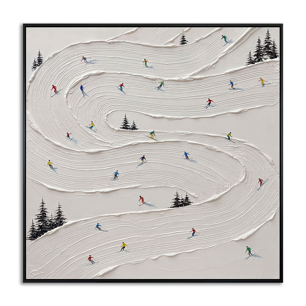 Studio front view of Alpine Slopes heavy texture hand painted canvas featuring winding ski trails, pine trees, adult skiers, and three tiny child skiers representing boys aged 10, 7, and 5.