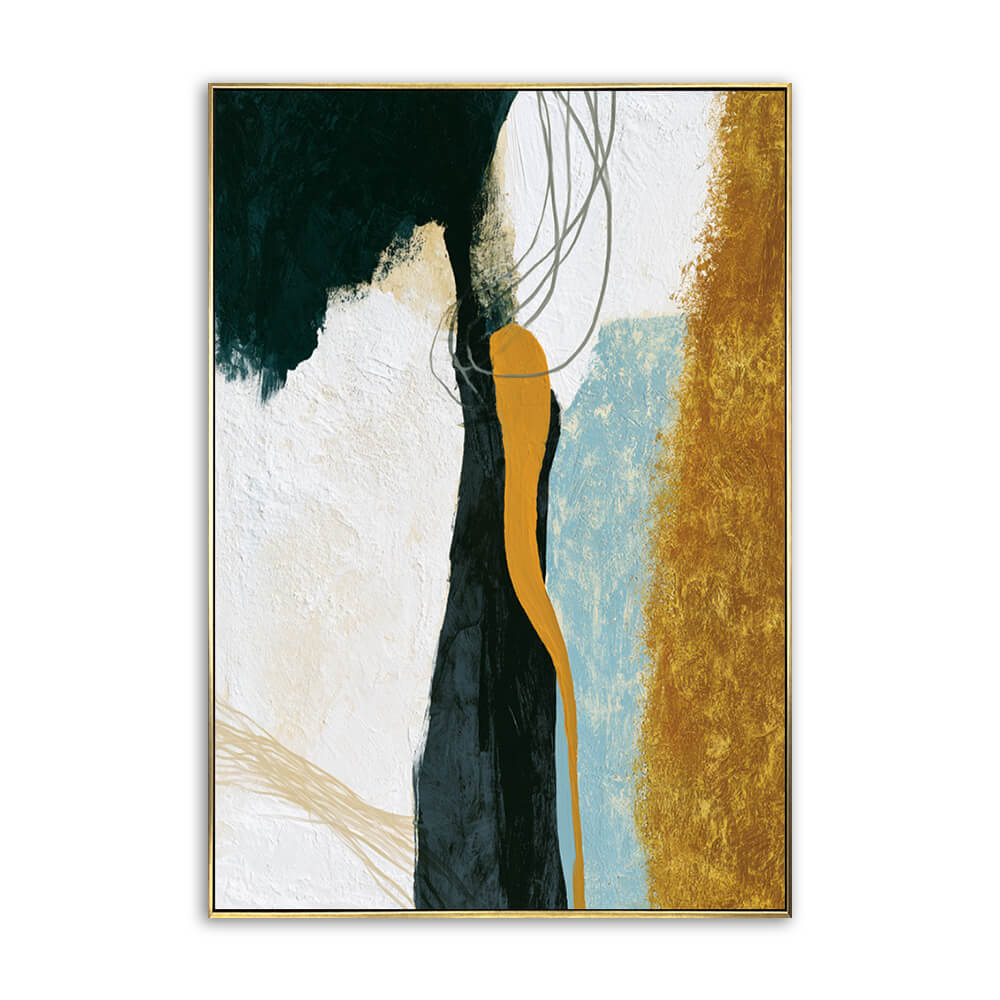 Vertical hand painted abstract canvas, soft layered impasto flowing silhouette shapes, emerald green, mustard amber, charcoal black and pale blue tone, modern luxury texture