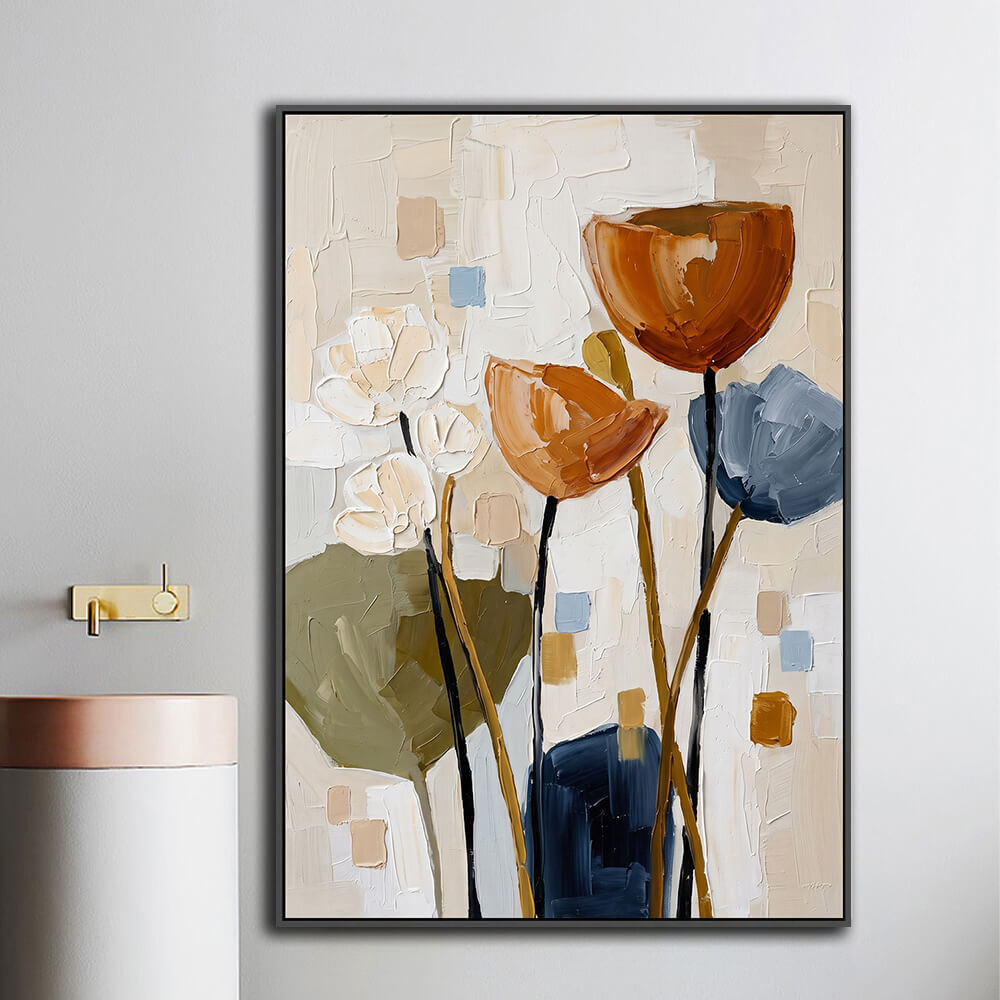 Framed tulip painting mounted next to bathroom vanity for powder room decoration
