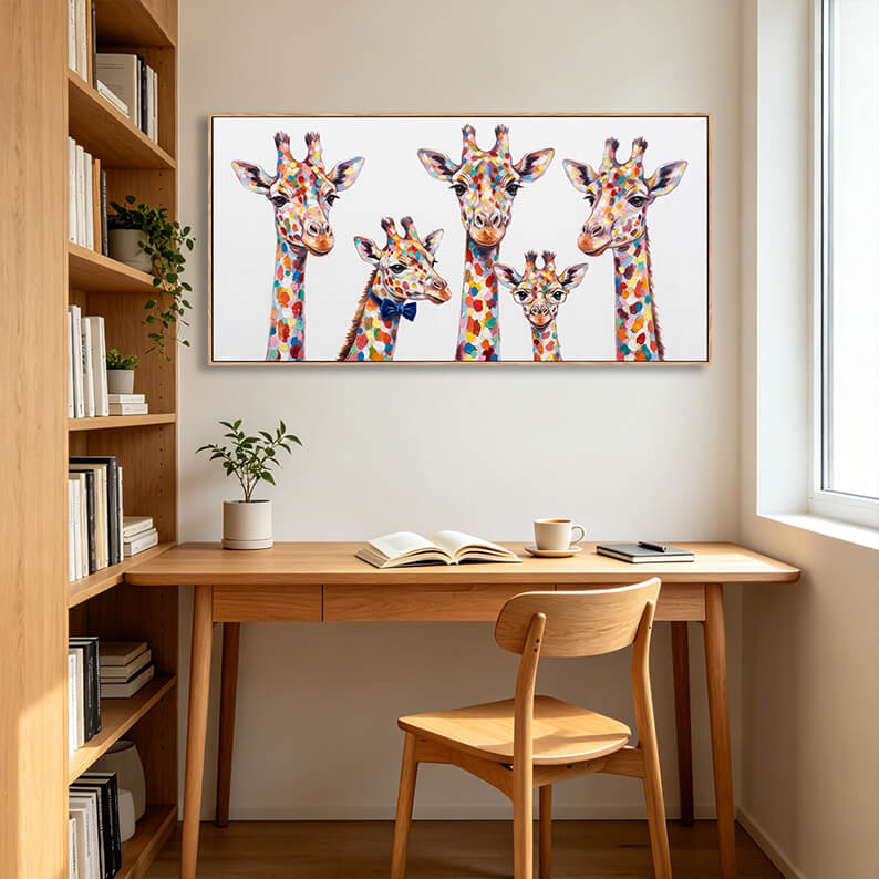 Hand painted giraffe family canvas artwork, multicolor spotted giraffes on white background, three large and two small giraffes with charming details, contemporary animal painting for wall display