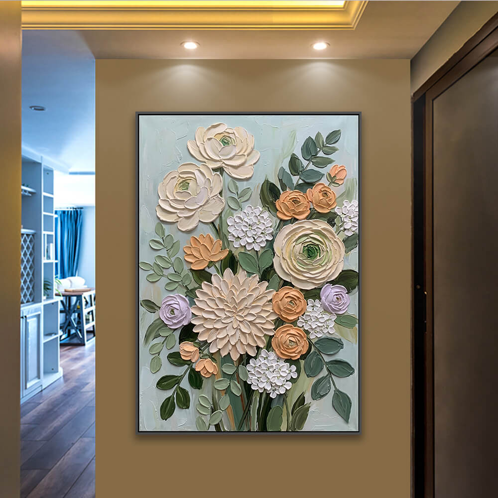 Textured flower artwork installed along corridor with recessed ceiling lighting