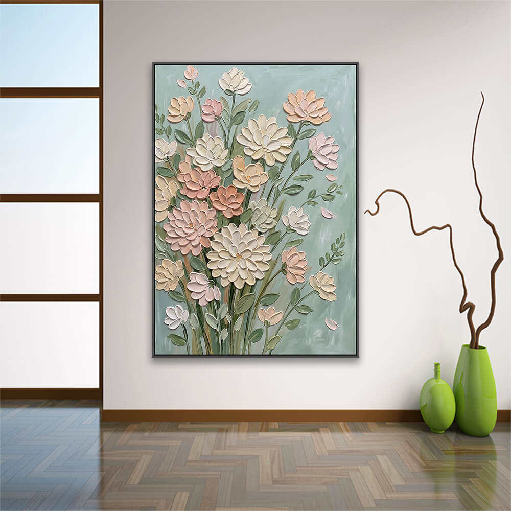 Pastel flower painting displayed on plain entryway wall paired with ceramic vases