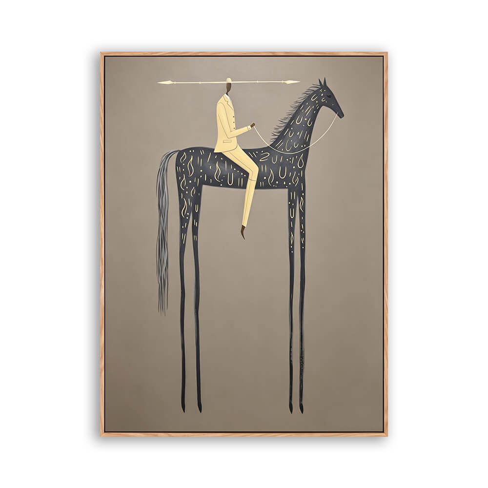 hand painted figurative canvas, surreal long-legged black horse and cream suited rider, taupe grey background, soft layered brushwork