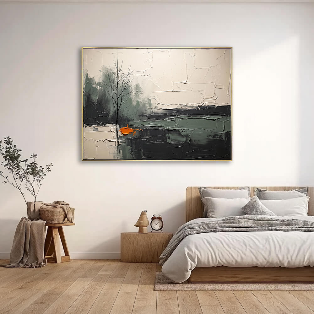 Large horizontal atmospheric tree impasto painting with moody waters and textured sky, orange accent shape, heavy 3D knife stroke texture, abstract landscape artwork