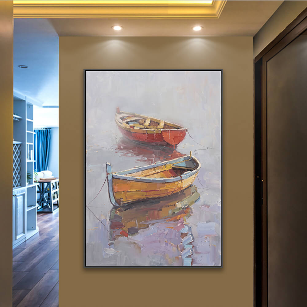 Textured boat landscape artwork installed along corridor with ceiling spotlights