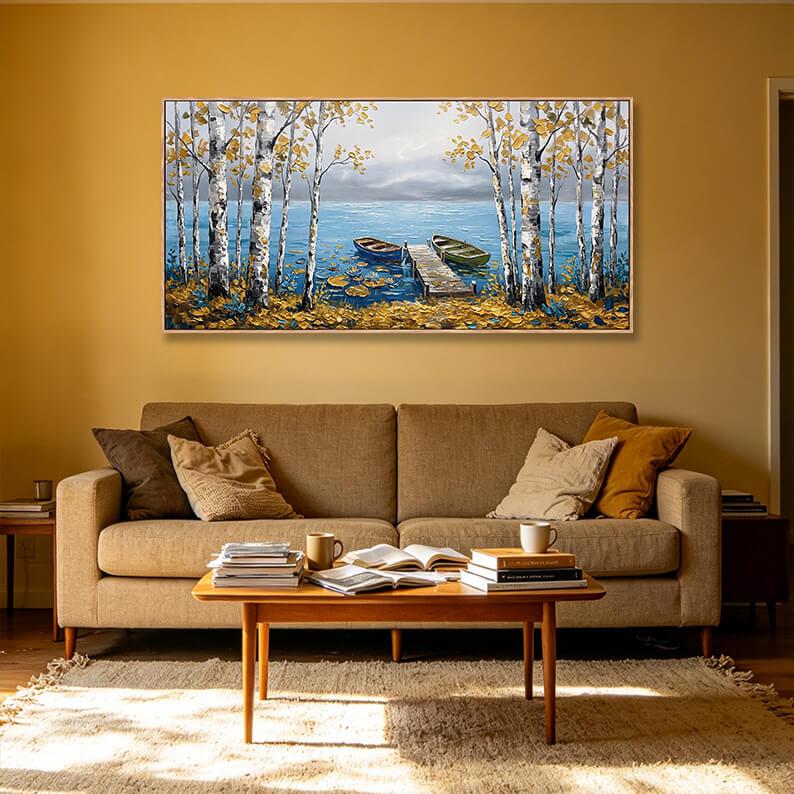 Original hand painted birch tree lake landscape, golden autumn foliage with blue water and two boats at dock, impasto oil painting on canvas, serene nature wall art