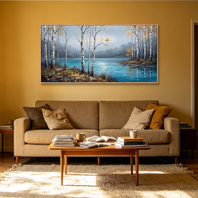 Original hand painted misty birch tree lake landscape, golden autumn foliage with turquoise water reflections, foggy mountain background, impasto oil painting on canvas, serene nature wall art